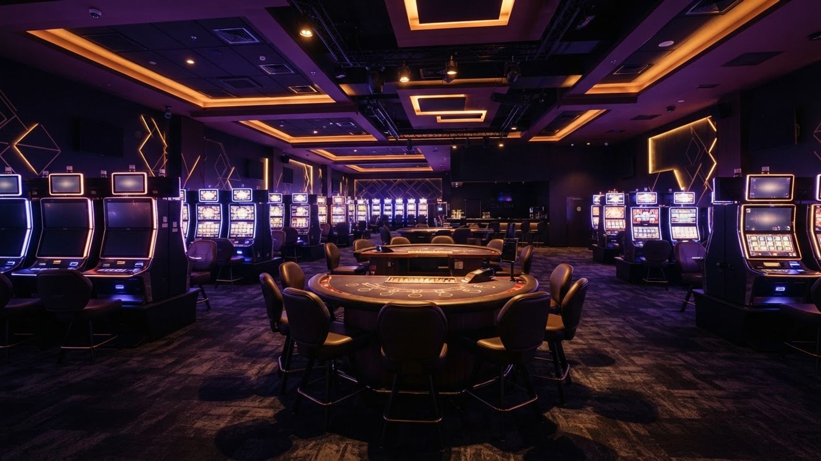 Salle de casino moderne avec machines à sous et table de jeu