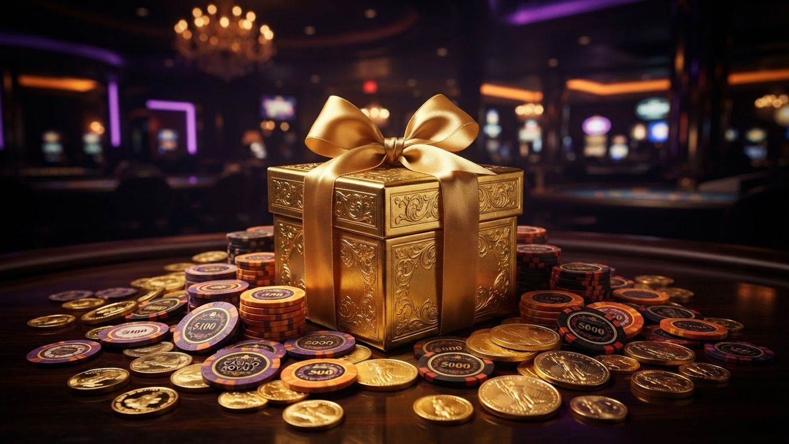 Cadeau doré avec pièces de casino et jetons